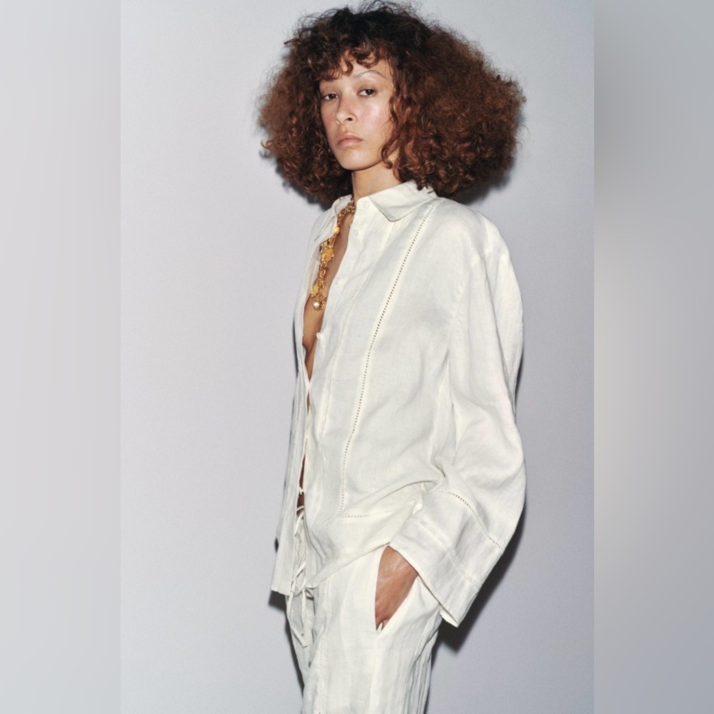 ZARA ZW COLLECTION LINEN SHIRT with LACE DETAIL BOHO RESORT Off White S